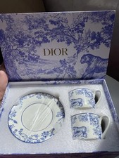 Dior Toile de Jouy Blue Tiger Porcelain Mug Cup Tea Saucer Set for 2 France Box picture