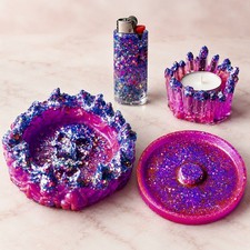 Pink Resin Skull Smoking Set Ashtray Incense Holder Lighter Case 4pc picture