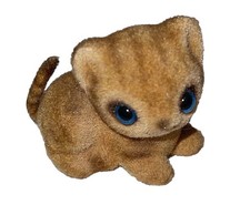 Cute Vintage Japan  Ceramic Fuzzy Flocked Miniature Figurine Blue Eyed Cat  picture