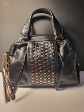 Botkier New York Black Leather Woven Satchel Handbag Tassel Brass Hardware picture