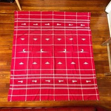 Vintage Handwoven Tablecloth Red and White Bird Motif MCM Linen 50x56 picture