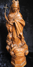 ANTIQUE CARVED OAK MADONNA & CHILD STATUE MARY JESUS TREADING ON SNAKE picture
