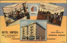 Roseburg OR Oregon Hotel Umpqua Multiview c1930-50s Vintage Postcard picture