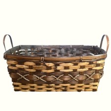 VTG Woven Wood & Reed Basket X-Stitch Accent Handles Rustic Bread Or Serving 15