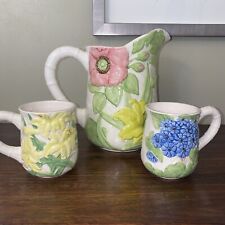 Vintage Shafford Fleurs du Jour Pitcher And Mugs  w/Raised Flowers & Leaves 3pc picture