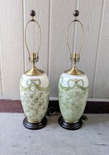 Pair Vintage Wildwood Ceramic Lamps Urn Ribbon Bow Floral French Country Cottage picture