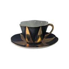Shelley England Fine Bone China Black & Gold Harlequin Tea Cup & Saucer Vintage picture