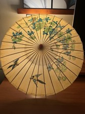 Vintage Chinese Paper Parasol Umbrella Hand Painted Bamboo Asian Decor 35” picture