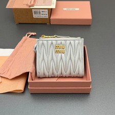 Miu Miu 5MV017 Gray Blue Matelasse Leather Bifold Wallet Gold Logo Zip Coin Purs picture