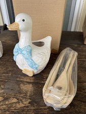 Vintage 1980s Country Goose w/ Blue Bow Ceramic Utensil Holder New In Box picture