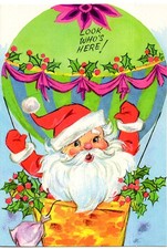 Vintage Christmas Card, KITSCHY SANTA CLAUS IN HOT AIR BALLOON W/HOLLY picture