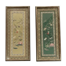 Vintage Chinese Silk Embroidery Koi Fish Lotus Framed Art Panels Set of 2 H147 picture