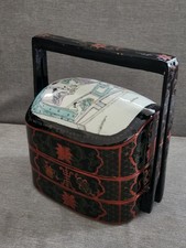 Vintage Chinese Lacquer Wedding Basket 3 Tiered Box Porcelain Lid Hand Painted picture