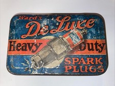 FANTASTIC Vintage MONTGOMERY WARD SPARK PLUG HINGED TIN Service Station Sign Gas picture