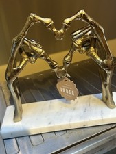 Gothic Solid Brass 10” Brass Skeleton Heart Hands on Marble Base Art Sculpture picture