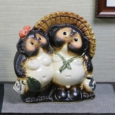 Shigaraki Couple Tanuki Pottery Pair Raccoon Dog Japanese Good Luck Statue NEW picture
