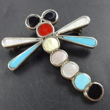 Vintage Emma Edaakie ZUNI Multi-Stone INLAY SterlingSilver DRAGONFLY PIN/PENDANT picture