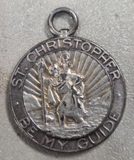 RARE 30s 40s Vintage Saint Christopher Pendant BE MY GUIDE w/ Car and Plane  1