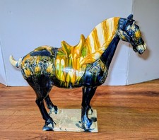 Large 14” Tall,  Chinese Tang Style Sancai Blue Glazed Ceramic War Horse Statue picture