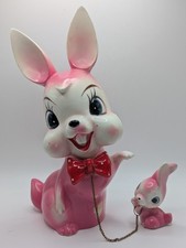 Vintage ARNART Japan Kitsch Anthropomorphic Pink Bunny Rabbit Mom & Chained Baby picture