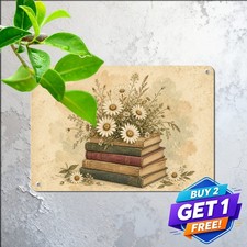 Stacked Vintage Books And Daisies Sign Literary Floral Metal Tin Wall Decor picture