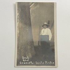 Antique RPPC Photograph Postcard Adorable Little Boy With Rifle & Hat ID Deal picture