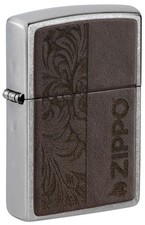 Zippo Brown Leather Emblem - Zippo Design Street Chrome Windproof Pocket Ligh... picture