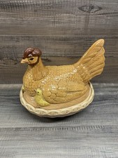 Vintage 70s 80s Hen on Nest Egg Storage Bowl Ceramic Chicken w/ Baby Chicks 9” picture
