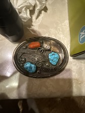 Vintage Navajo Belt Buckle Turquoise and Coral Sterling picture
