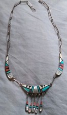 Vintage FB Zuni Turquoise, Coral, Mother Of Pearl, Onyx Inlay Choker Necklace. picture