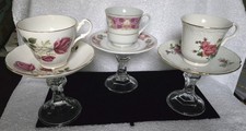 Upcycled Vintage  China Teacups & Saucers on Pedestals - Set of 3 picture