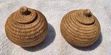 Vintage Northwest Coast Hand Woven Covered Baskets Pair Antique 3.5