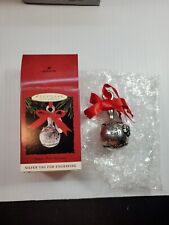1993 Hallmark Silver Baby's First Christmas Rattle Ornament With Blank Tag & Bow picture