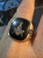 Free Mason Antique 10k Gold & Sterling Mens Masonic Ring Black Stone Size 10 picture