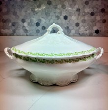 Antique J & G Meakin Hanley Ironstone Tureen w Lid–Green Scroll ca 1890s England picture