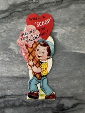 Unused NOS Vintage Valentine Cute Boy Child Strawberry Ice Cream Cone Scoop Jean picture