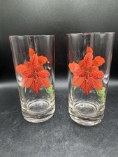 Vtg Christmas Tumblers 14oz Mary Lou Goertzen Poinsettia Crisal Portugal 2pc picture