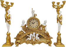 Vintage French Mantel Clock Set with Enamel Dial and Candleholders, 29 Inch picture