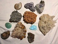 11PC Mixed Crystal & Mineral Specimen Lot - Clear Quartz, Larimar, Ammonite picture