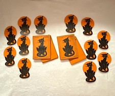 Two Sets of Antique Dennison's Halloween Black Cat Cut-Outs Orange & Black Paper picture