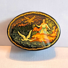 Oval Palekh Lacquer Wood Trinket Miniature Box, Hand-Painted Fairy Tale Scene picture