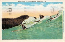 1939 HAWAII POSTCARD: SURF RIDING AT WAIKIKI BEACH, HONOLULU, T. H., HI picture