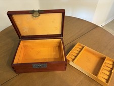 Vtg 1950's Chinese Wooden Jewelry Box Chest w/ Brass Hardware 2 Tier Large 12