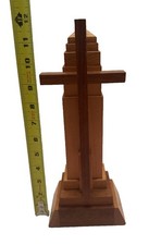 Look Vintage Wood Cross Figurine Sculpture 12” On base Large Handmade picture