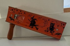 Antique 1930s Kirchhof Tin Litho Halloween Noisemaker Ratchet Witch Cat Frog  picture