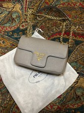 PRADA Saffiano Pattina Gray Leather Shoulder Bag with Gold Chain picture