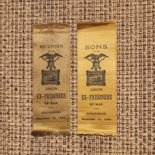  2 CHICAGO 1889 UNION EX-PRISONERS OF WAR REUNION RIBBONS - VETERAN   AND SON picture
