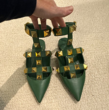 Valentino Garavani Rockstud Green Leather Strappy Flat Sandals Ankle Buckle 9 picture