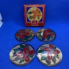 4 Vintage Christmas Poinsettia Flower Round Brass Coasters NOS In Original Box  picture
