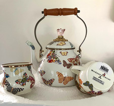MACKENZIE-CHILDS 2 QT BUTTERFLY GARDEN KETTLE WITH 2 BUTTERFLY MUGS,N.I.B. picture
